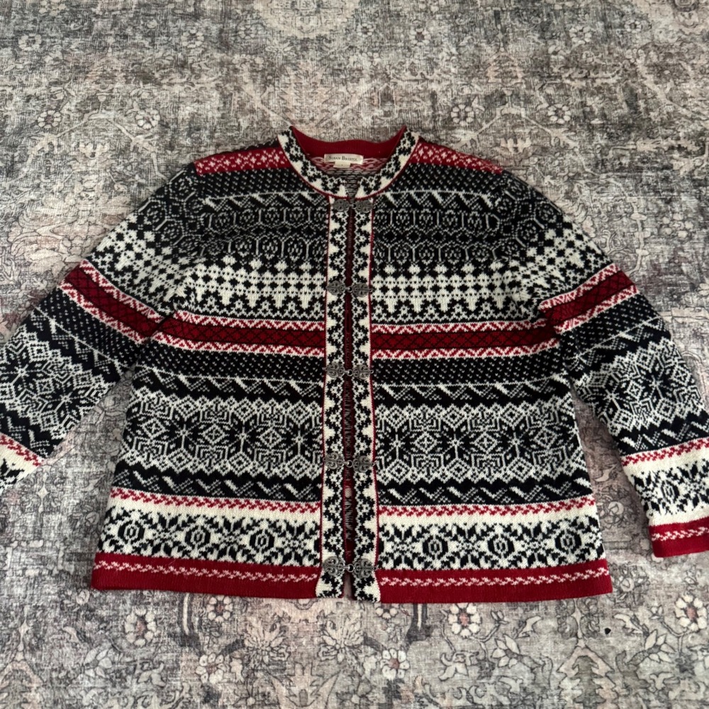 Susan Bristol Women's Nordic Fair‎ Isle Wool Cardigan Button Front L Apres-Ski